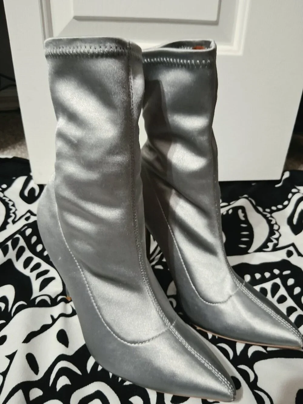 Qupid Silver Stretch Satin Sock Boots Pointed Toe Stiletto Heels